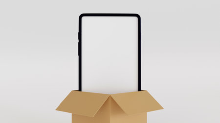 Smartphone coming out of big cardboard box, online shopping delivery business concept. 3D rendering.の写真素材