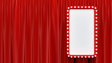 Blank mock up red billboard with light bulb on stage theatre or opera with red velvet curtain and Spotlight, 3D rendering.の写真素材