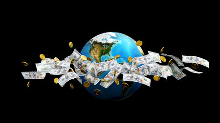 Gold coin and banknote around the globe or earth, world business financial concept,   3D rendering.の写真素材