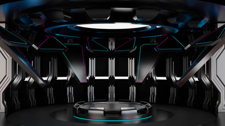 Modern podium in spaceship or space station interior, Sci Fi tunnel, stage for product presentation, 3D rendering.の写真素材