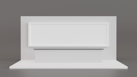 White template empty wall with counter table, blank mock up booth for product exhibition show, put brand logo and product, 3D rendering.の写真素材