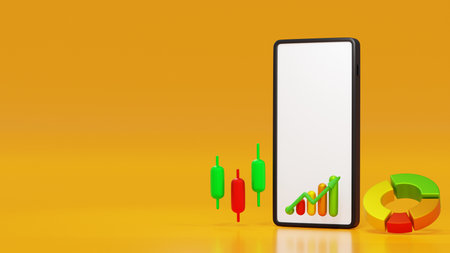 Smart phone with stock market trading graph candle stick and business chart, financial investment technology, 3D rendering.の写真素材