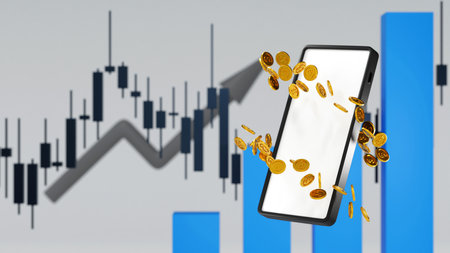 Smart phone with stock market trading graph candle stick and business chart, financial investment technology, 3D rendering.の写真素材