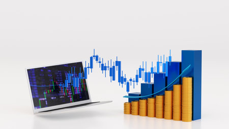 Smartphone and notebook with gold coin and trading candle stick, stock market crypto currency, investment business, 3D rendering.の写真素材