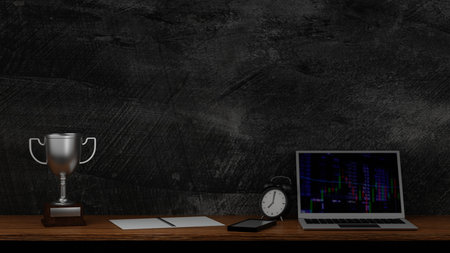 Notebook laptop smartphone with notepaper and alarm clock on working table with copy space wall, 3d rendering.の写真素材