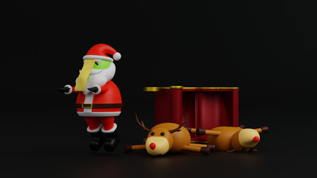 Dead Santa Claus Chinese zombie style with yellow talisman jumping at night, concept of accident and life insurance, 3D rendering cartoon character.の写真素材