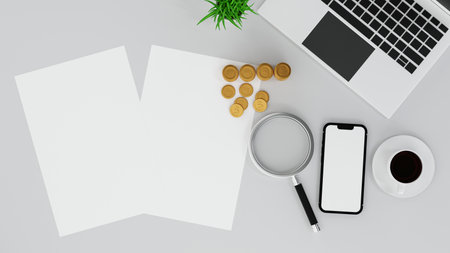 Laptop computer and smartphone with cup of coffee, gold coin and magnifying glass on working table, business analysis and management concept, 3D rendering.の写真素材