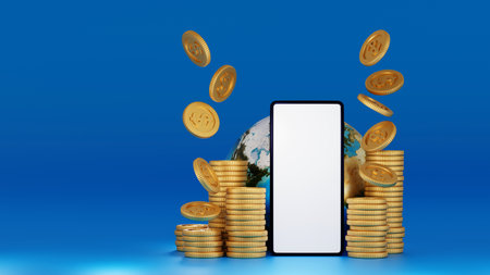 Smartphone with stack of gold coins and globe or earth, world business and financial concept.の写真素材