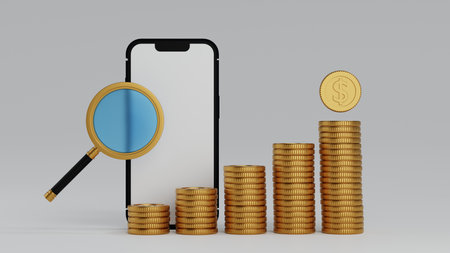 Smartphone with coin stack and magnifying glass, business analysis and management concept, 3D rendering.の写真素材