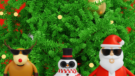 Santa clause with snowman and Christmas tree and gifts box, Happy New year and Merry Christmas holiday greeting card Xmas, 3D rendering cartoon character.の写真素材