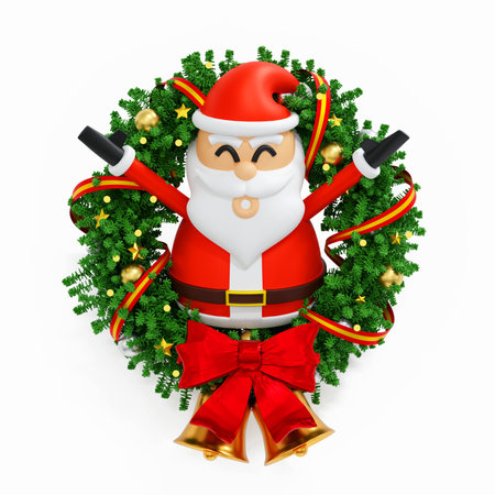 Santa clause near Christmas wreath with bows and ribbons baubles, celebrate Merry Christmas Xmas and Happy New Year festival, holiday greeting cards, 3D rendering.の写真素材