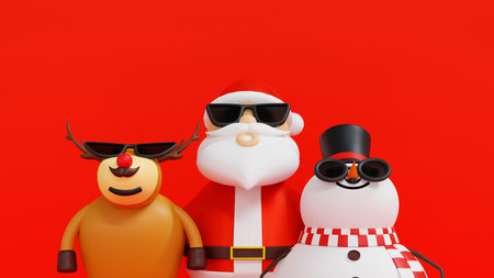 Santa clause with snowman and Christmas tree and gifts box, Happy New year and Merry Christmas holiday greeting card Xmas, 3D rendering cartoon character.の写真素材