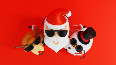 Santa clause with snowman and Christmas tree and gifts box, Happy New year and Merry Christmas holiday greeting card Xmas, 3D rendering cartoon character.の写真素材