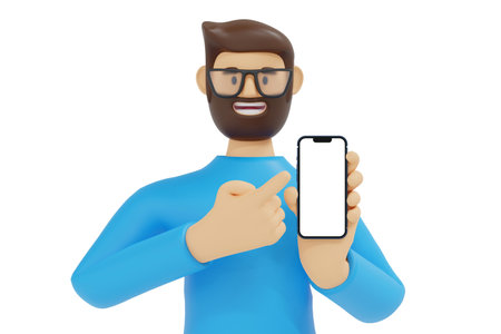 Cartoon character handsome man pointing finger at blank screen smartphone, isolated on white, app recommendation presentation, 3D rendering.の写真素材