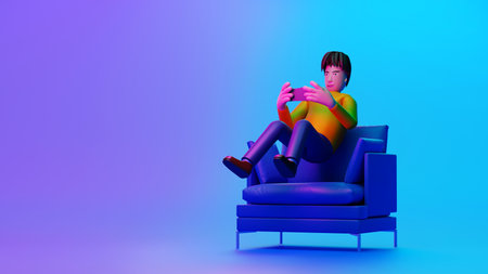 Happy young man playing video game with gamepad controller and levitation, e-sport and cyber gaming concept, 3D rendering cartoon character illustration.の写真素材