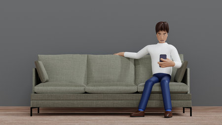 Happy man sitting in armchair using smartphone online social networks or online business market, 3D rendering cartoon character illustration.の写真素材