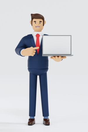 Smile businessman show and pointing to blank laptop screen for promote application or website, online business market commercial, 3D rendering cartoon character illustration.の写真素材