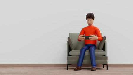 Happy young man playing video game with gamepad controller in armchair sofa at living room, e-sport and cyber gaming concept, 3D rendering cartoon character illustration.の写真素材