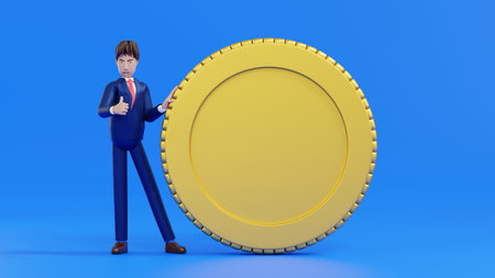 Happy businessman holding big gold coin, business and banking concept, 3D rendering cartoon character illustration.の写真素材