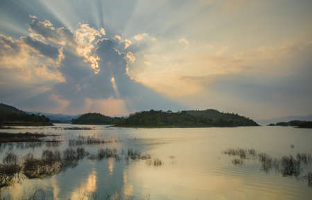 Sunset with mountain landscapeの写真素材
