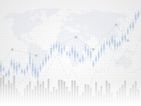 Abstract financial chart with uptrend line graph. Candle stick graph of investment trading on world map as background. Trend of stock market chart. Business concept. Vector illustration.のイラスト素材