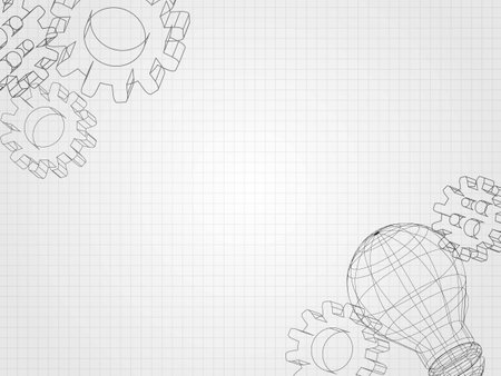 Wireframe lightbulb and 3d gear on grid represents concept of engineering and innovation. Technology Background. Vector illustration.のイラスト素材