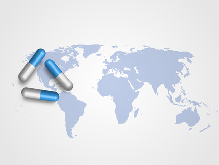 Medicines on world map as background represent medical and health care concept.のイラスト素材