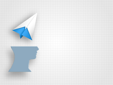 Origami airplane above human head model on grid background represent new idea and innovation concept. Technology Background. Concept of travelling. Vector illustration.のイラスト素材