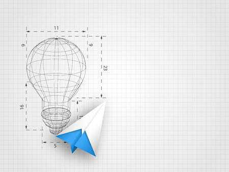 The lightbulb wireframe with origami airplane on grid background represent design thinking and innovation concept. Technology background. Vector illustration.のイラスト素材