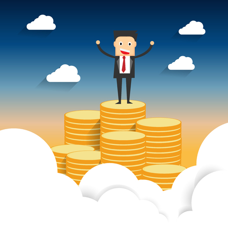 Illustration vector of a successful business man standing on top of coin mountain lifting up both hand business conceptのイラスト素材