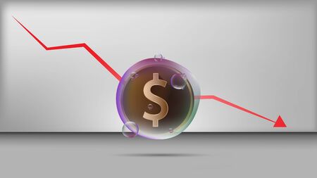 Illustration vector of a golden dollar coin in transparent bubble with falling graph investment conceptのイラスト素材