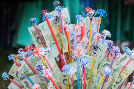 Donation Merit Money Tree in market thailandの写真素材