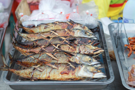 saba fish grill on  Stainless steel tray - street foodの写真素材