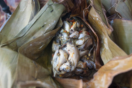 Steamed fish in banana leafの写真素材