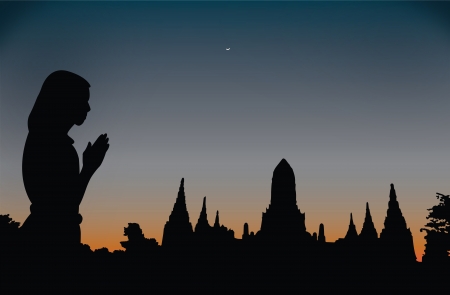 girl walk past the ancient temple on budha dayのイラスト素材