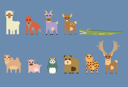 set of animal : alpaca,crocodile, leopard, camel, reindeer, fox, bear, goat, deer, owl, pigのイラスト素材