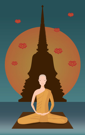 monk meditation in front of pagodaのイラスト素材