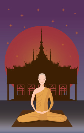 monk meditation in front of templeのイラスト素材