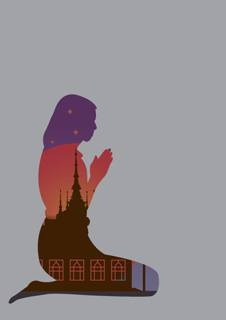 form of girl in front of the temple on buddhist holy day, vector file.のイラスト素材