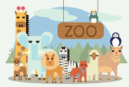 Vector set of animal lion,bull, sheep, tiger, penguin, ox, elephant, giraffe, horse, deer, zebra, cowのイラスト素材