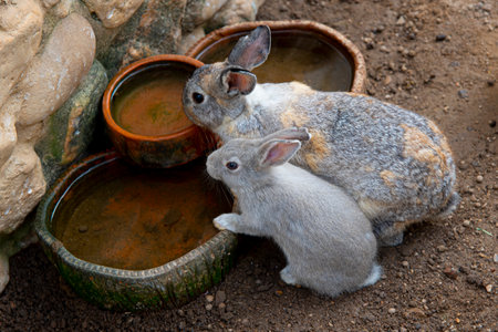couple of rabbit are drinking water in the sand in farmyardの写真素材