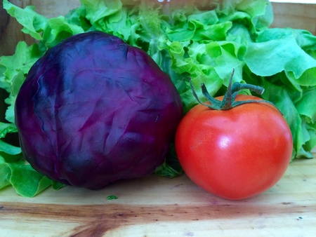 Vegetables on wood background. Red cabbage and tomato. Vegan salad.の素材