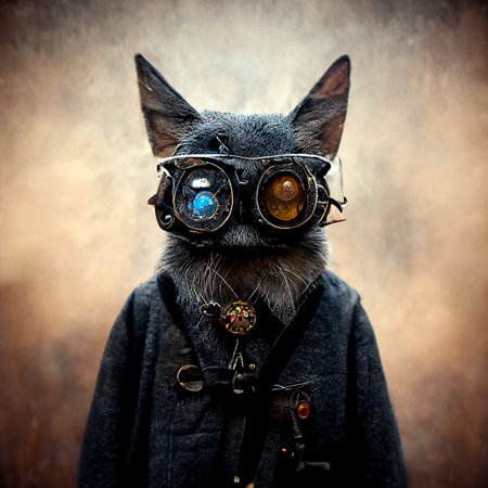Portrait of a cat wearing aviator's helmet and goggles.の素材