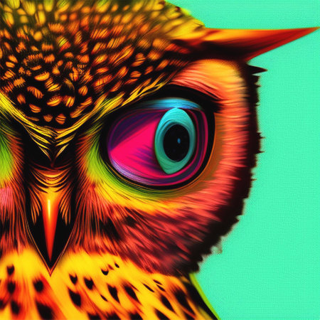 Owl with big eyes on green background. Colorful illustration.の素材