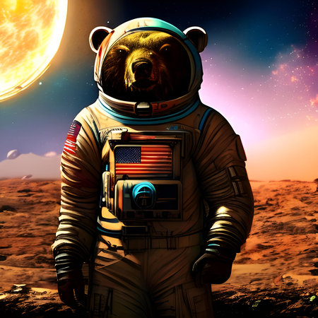 Astronaut with a bear on the background of the planet.の素材