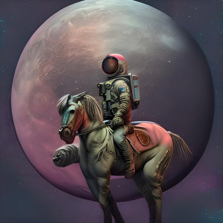 Astronaut riding a horse in space. 3D rendering.の素材