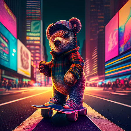 Teddy bear rides a skateboard in Times Square, New York City.の素材