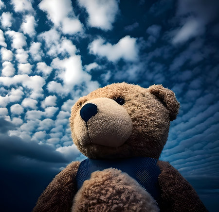 teddy bear in blue tie on the background of blue sky with cloudsの素材