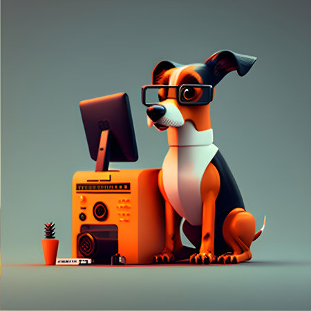 3d illustration of a dog with glasses and a computer on a gray backgroundの素材