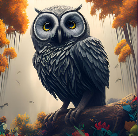 Owl sitting on a branch in the autumn forest. Vector illustration.の素材